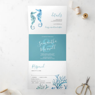 Faire-part de mariage triplé côtier de Seahorse