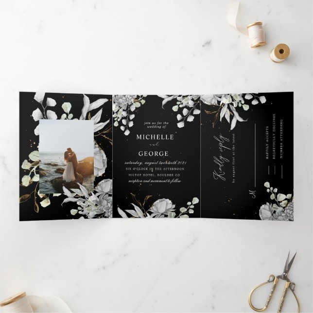 faire-part de mariage triplé floral argent dramati (Intérieur)