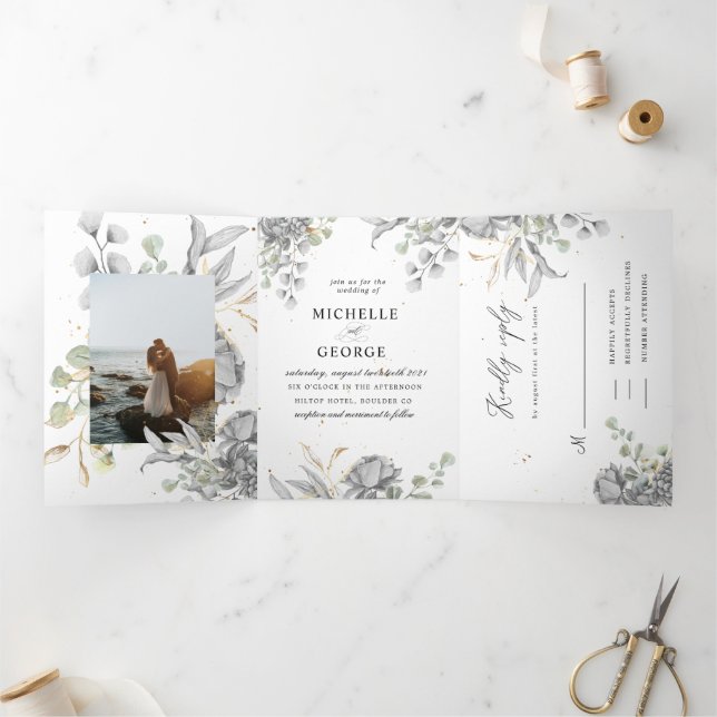 faire-part de mariage triplé floral argent dramati (Intérieur)