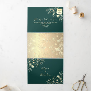 Faire-part de mariage triptyque 3 en 1 vert émerau