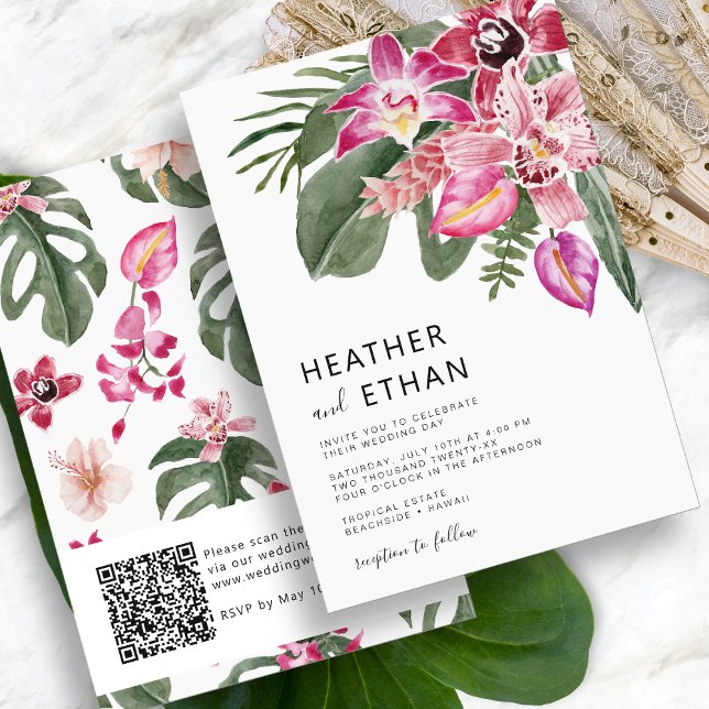Faire-part de mariage tropicale colorée (Colorful Tropical Watercolor Floral Wedding Invitation QR Code by Painted Paperie
)