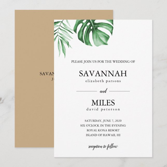 Faire-part de mariage tropicale en feuille de palm (Devant / Derrière)