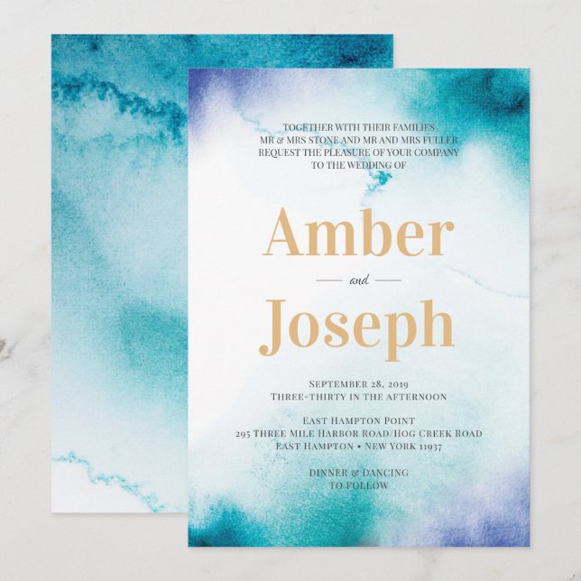 Faire-part de mariage turquoise aquarelle (Devant / Derrière)