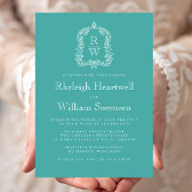 Faire-part de mariage turquoise au blason monogram