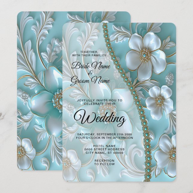 Faire-part de mariage turquoise blanc floral (Devant / Derrière)