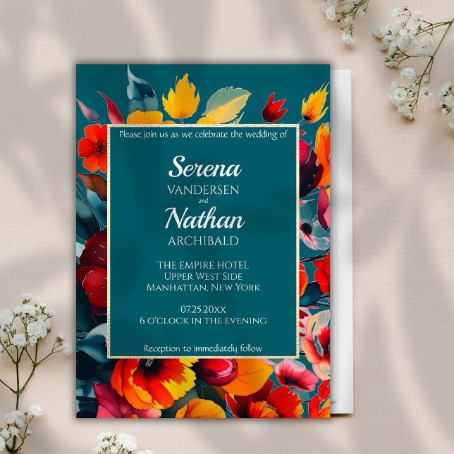 Faire-part de mariage Turquoise classique fleur sa (This colorful modern floral wedding invitation in teal features a sparkling frame around your text)