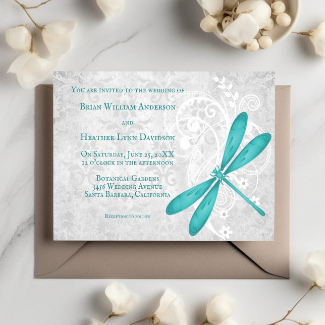 Faire-part de mariage turquoise de libellules (Teal Dragonfly Wedding Invitation)