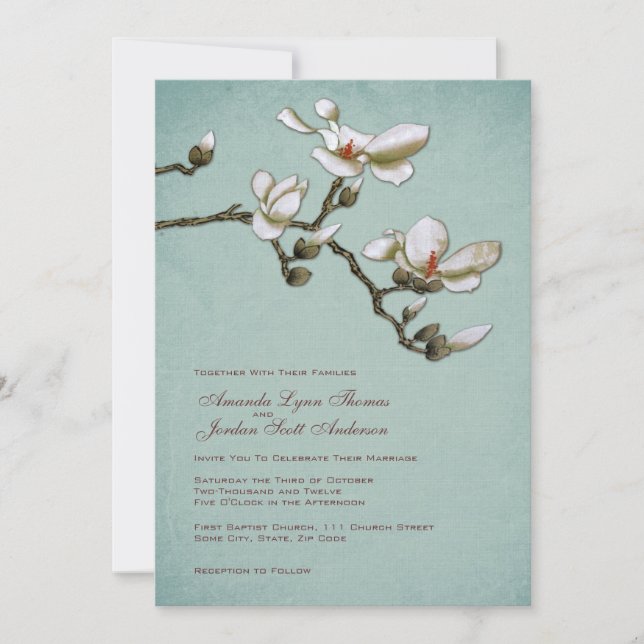 Faire-part de mariage Turquoise et blanc de Magnol (Devant)