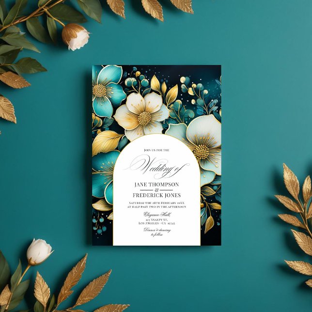 Faire-part de mariage turquoise et or floral (Teal and Gold Floral Wedding Invitation)