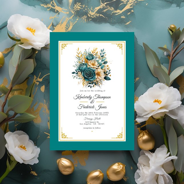Faire-part de mariage turquoise et or floral (Teal and Gold Wedding)