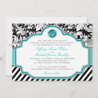 faire-part de mariage turquoise noir blanc damassé