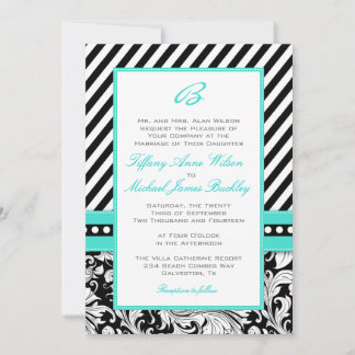 faire-part de mariage turquoise noir blanc damassé