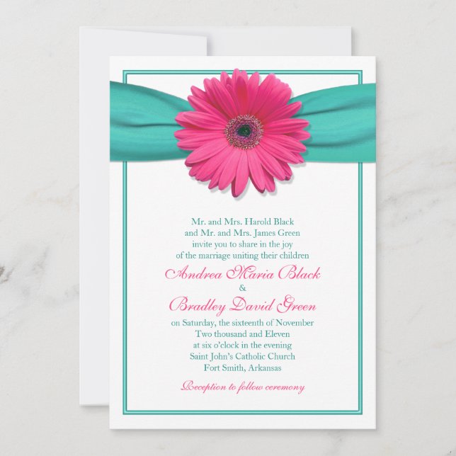Faire-part de mariage Turquoise rose Gerbera Daisy (Devant)