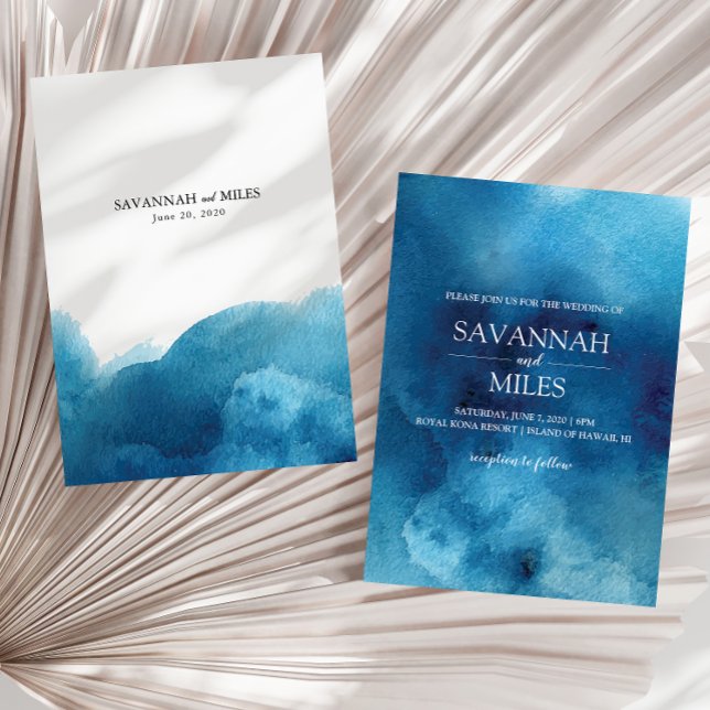Faire-part de mariage vague océanique bleu aquarel (Créateur téléchargé)