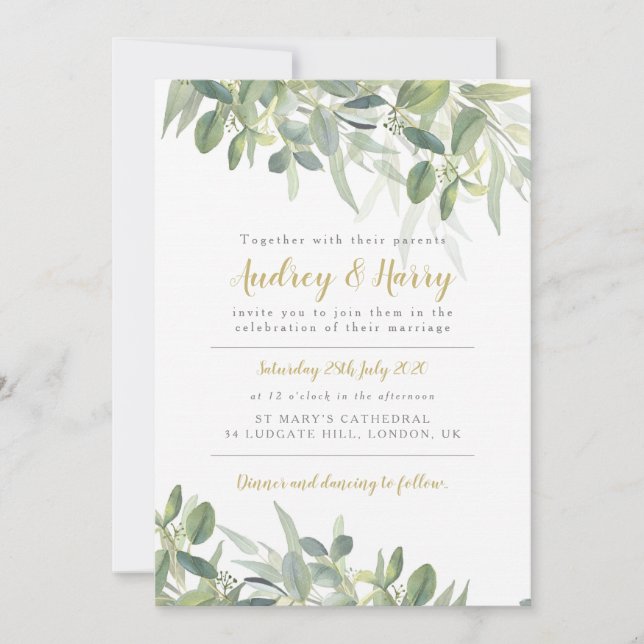 Faire-part de mariage verdoyante à l'eucalyptus (Devant)