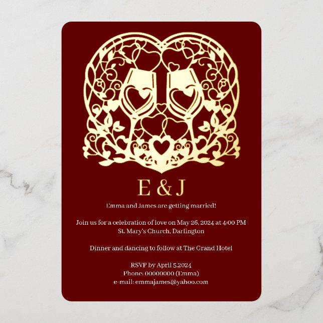 Faire-part de mariage, verres à vin, coeur (Recto)