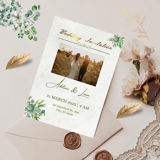 Faire-part de mariage vert, avec titre doré fixe  (Green Wedding Invitation)