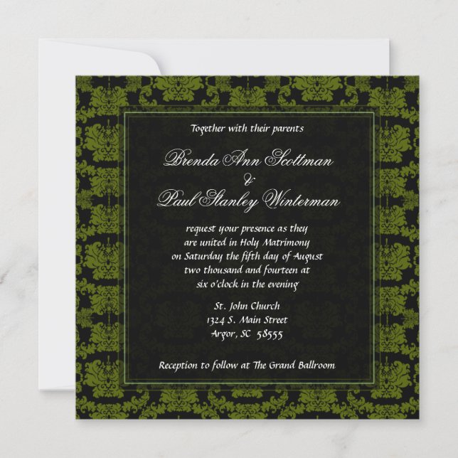 Faire-part de mariage vert Carré Damask (Devant)