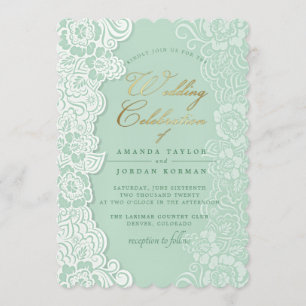 Faire-part de mariage vert dentelle florale