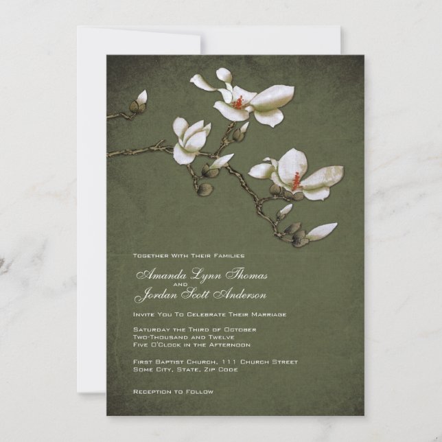 Faire-part de mariage vert et blanc de Magnolia (Devant)