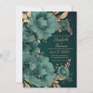 Faire-part de mariage vert et or.