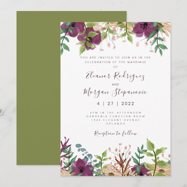 Faire-part de mariage vert fleuri pourpre moderne (Devant / Derrière)