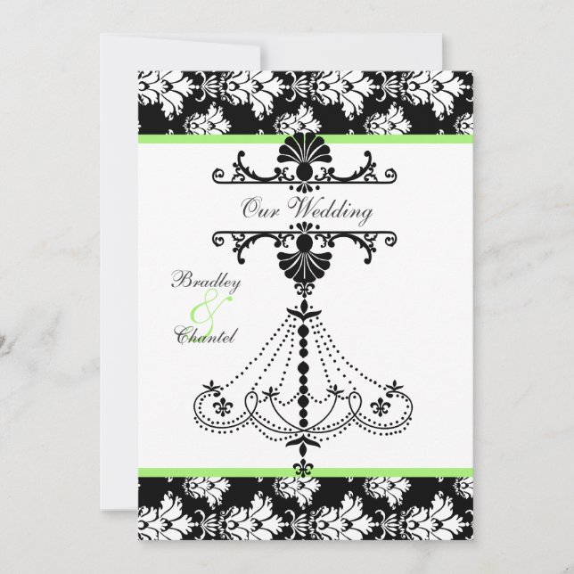 Faire-part de mariage vert, noir, blanc de lustre (Devant)