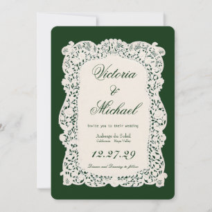 Faire-part de mariage vert profond en papier décou