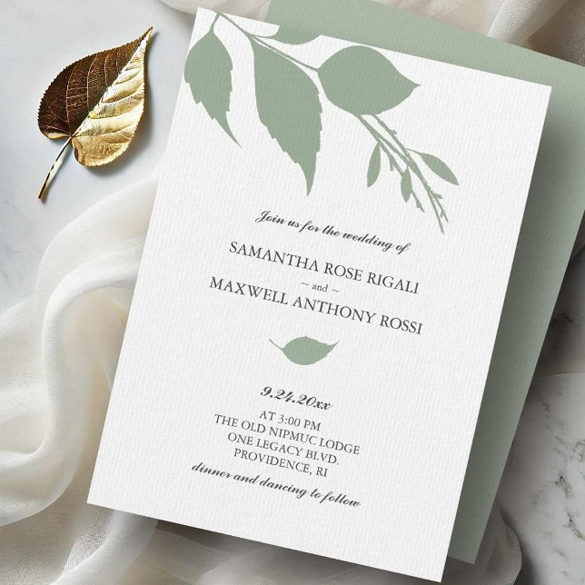Faire-part de mariage vert simple (Sage green wedding invitations modern minimalist leaves design Victoria Grigaliunas Do Tell A Belle)