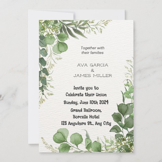 Faire-part de mariage verte et blanche à fleurs (Devant)