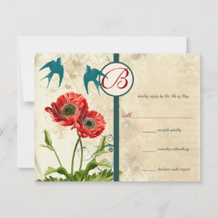 Faire-part de mariage vintage Birds Damask Poppy