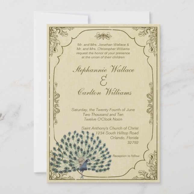 Faire-part de mariage vintage de paon (Devant)