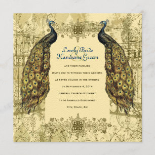 Faire-part de mariage vintage fleuri de paon d'or