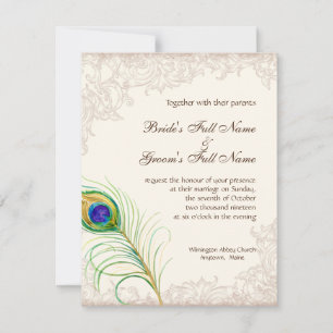 Faire-part de mariage Vintage Peacock Feather Etch