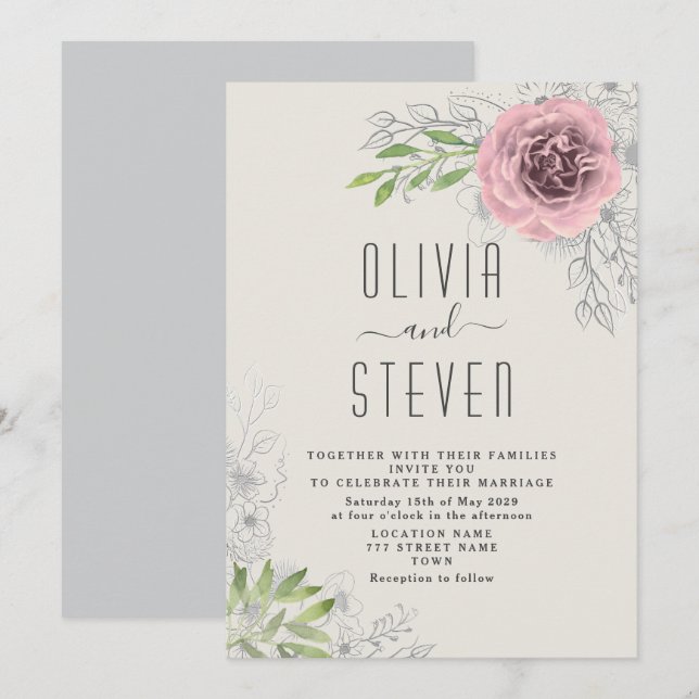 Faire-part de mariage vintage rose floral (Devant / Derrière)