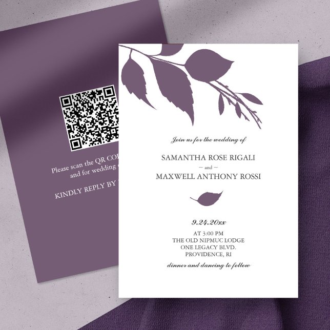 Faire-part de mariage violet avec code QR (QR code wedding invitation botanical purple leaves minimalistic)