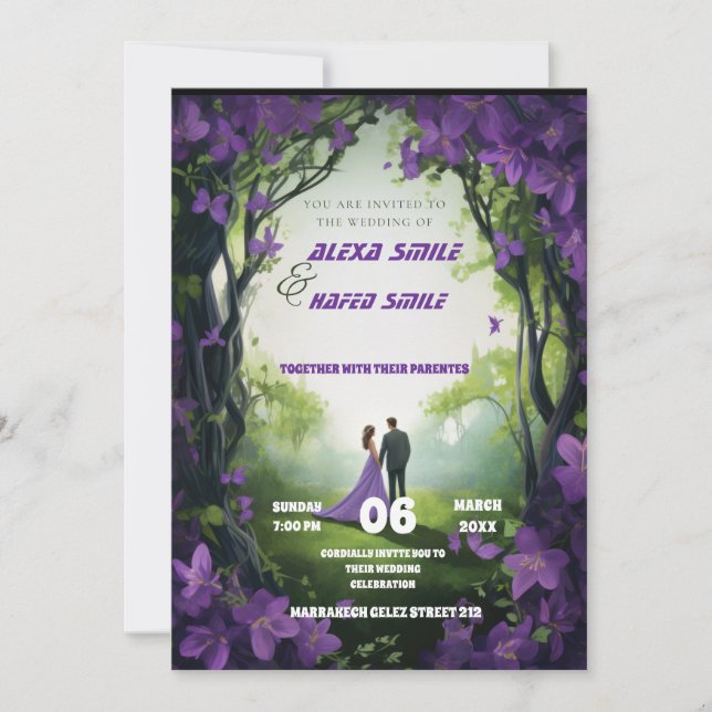 Faire-part de mariage violet fleur sauvage, Joli M (Devant)
