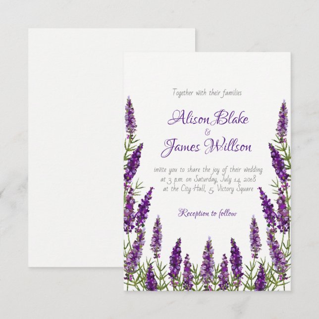 Faire-part de mariage violette de lavande de Prove (Devant / Derrière)