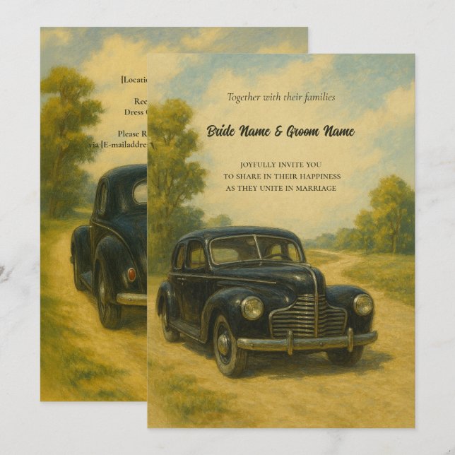Faire-part de mariage voiture Retro (Devant / Derrière)