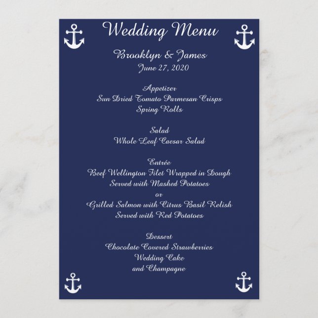 Faire-part de menu de mariage nautique bleu marine (Devant)