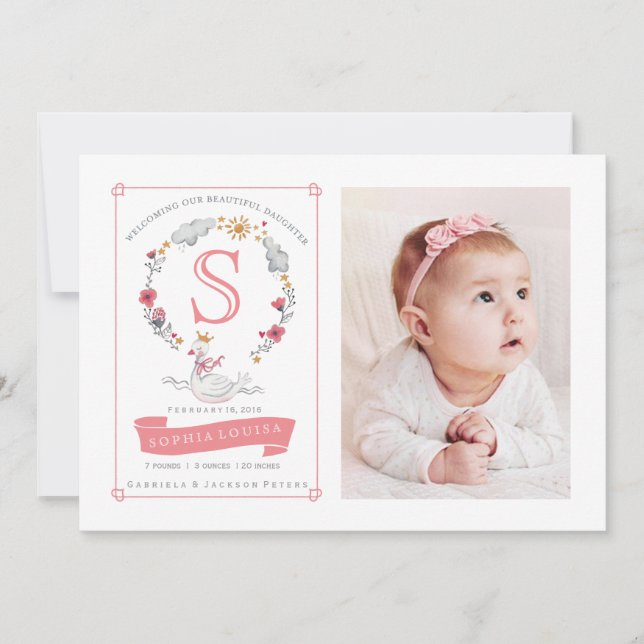 Faire-part de naissance à fleurs de cygne princess (Devant)