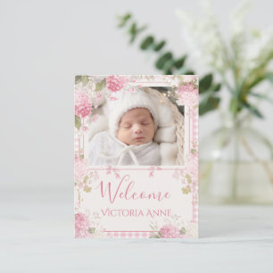 Faire-part de naissance aux hortensias roses vinta