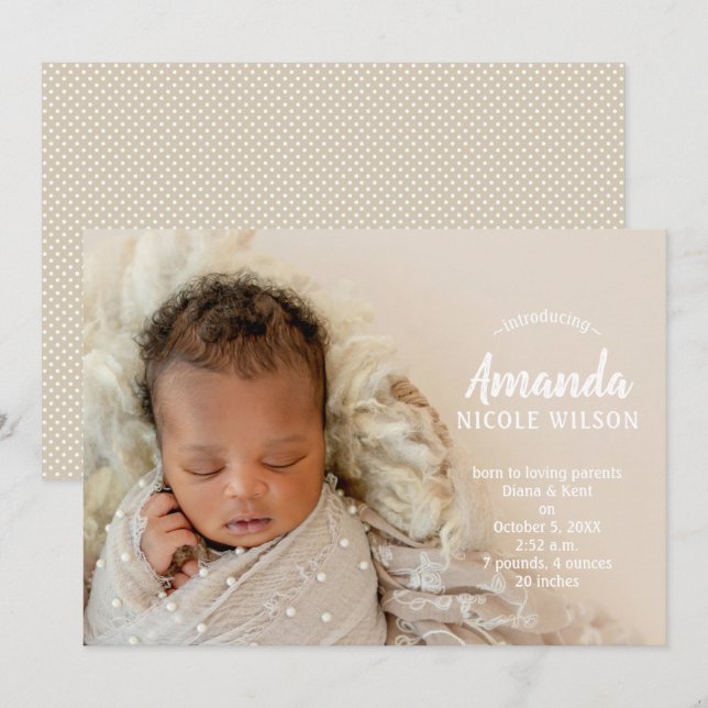 Faire-part de naissance avec photo de bébé doux (Devant / Derrière)