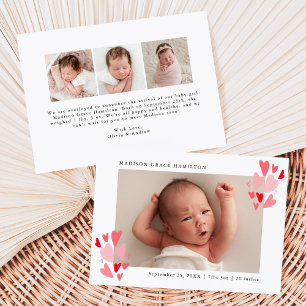 Faire-part de naissance avec photo de coeurs rouge