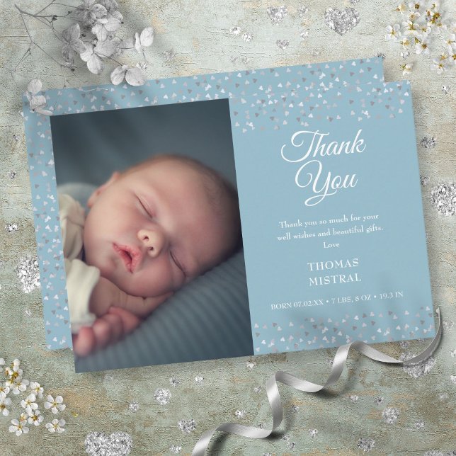 Faire-part de naissance Baby Boy Script Merci Love (Photo Baby Boy Script Thank You Love Hearts Birth Announcement)