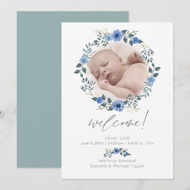 Faire-part de naissance bébé | Aquarelle Bleu Flor (Devant / Derrière)