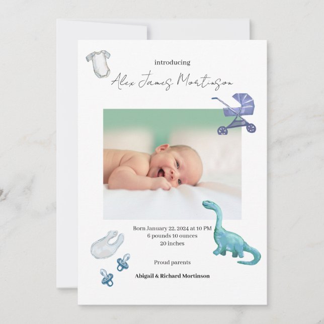 Faire-part de naissance bébé Dino Watercolor (Devant)