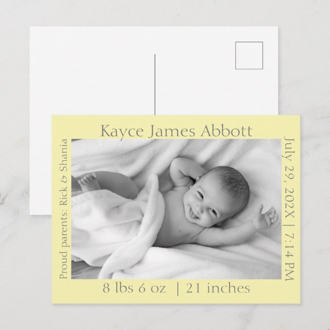 Faire-part de naissance Bébé Jaune Pastel et Gris  (Devant / Derrière)