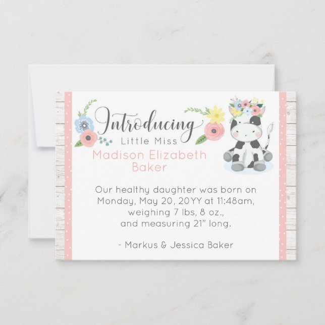 Faire-part de naissance bébé vache rustique floral (Devant)