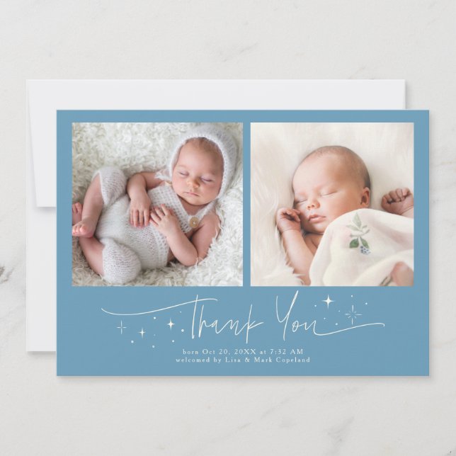 Faire-part de naissance bleu denim Merci Script (Devant)